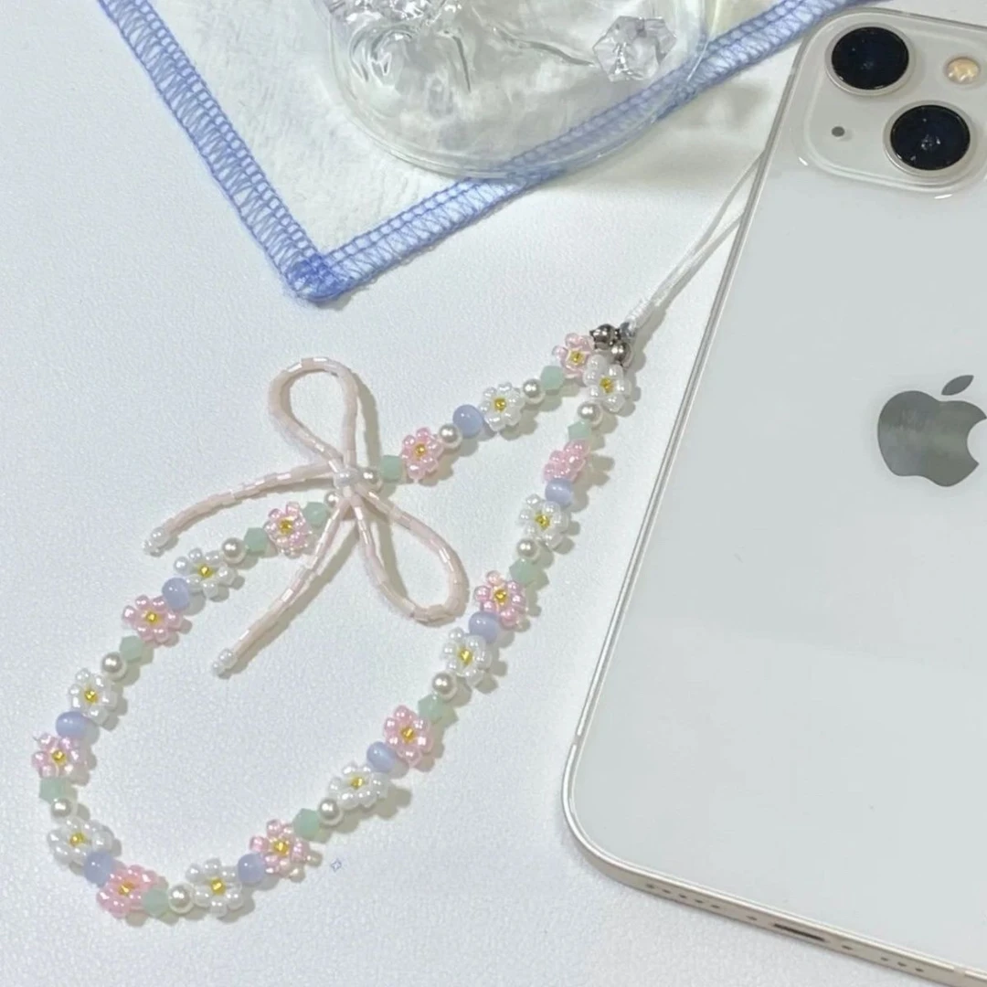 自制挂绳夏日小众粉蓝色系蝴蝶结串珠手机链少女相机挂件甜美无