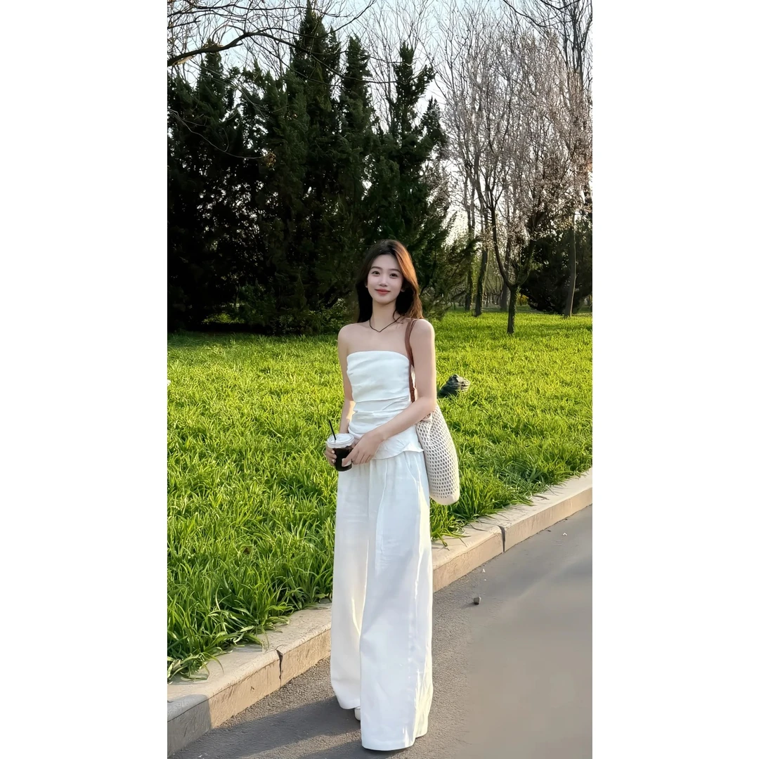 通勤松弛感白色修身显瘦抹胸上衣高腰宽松拖地裤休闲阔腿裤套装