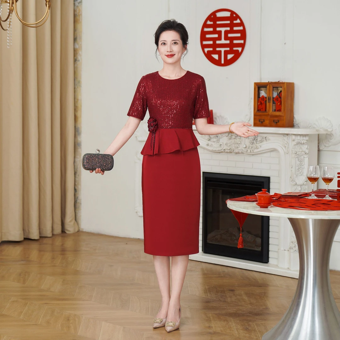 53002新品气质结婚高贵婚宴妈妈年轻款礼服改良旗袍喜服连衣裙