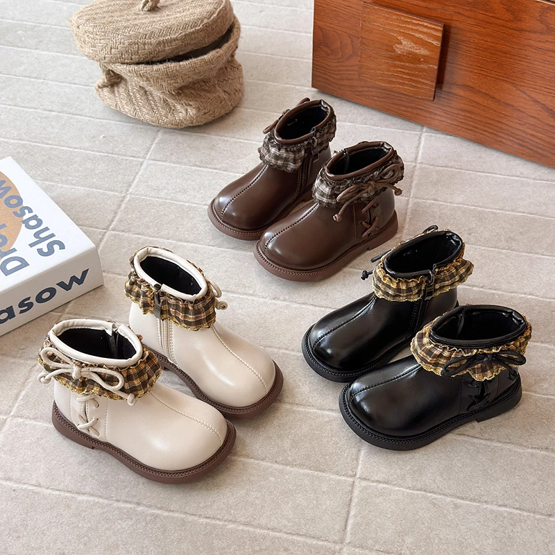 ABC 低帮英伦风防滑马丁靴秋冬季韩版女童蕾丝花边公主靴软底短靴