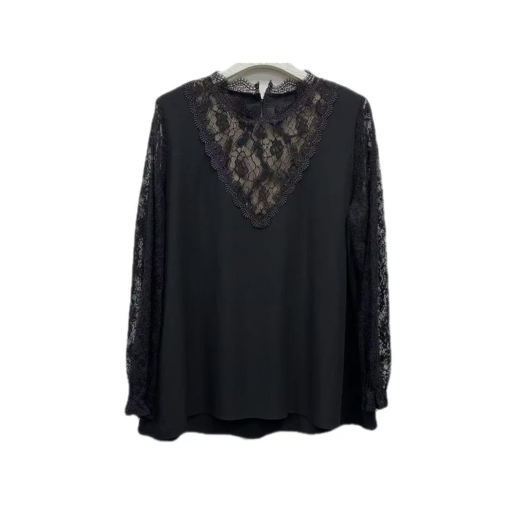 【xineba3】韩国蕾丝波浪领长袖衫新款女士时尚洋气舒适高端大码