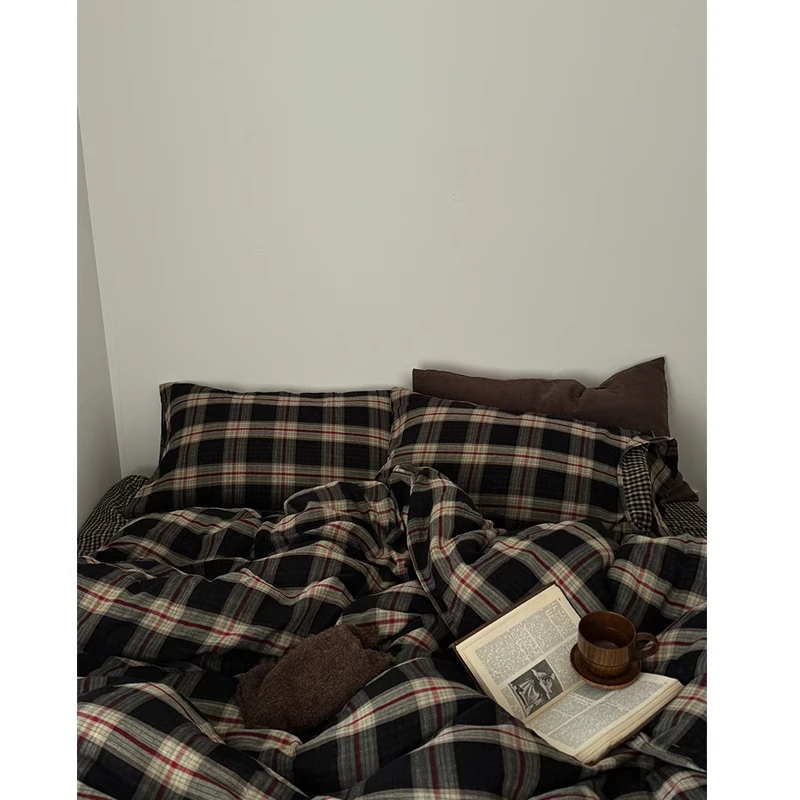 迷雾中的利萨特丨retro复古英式格子双层纱床单四件套床笠全棉被
