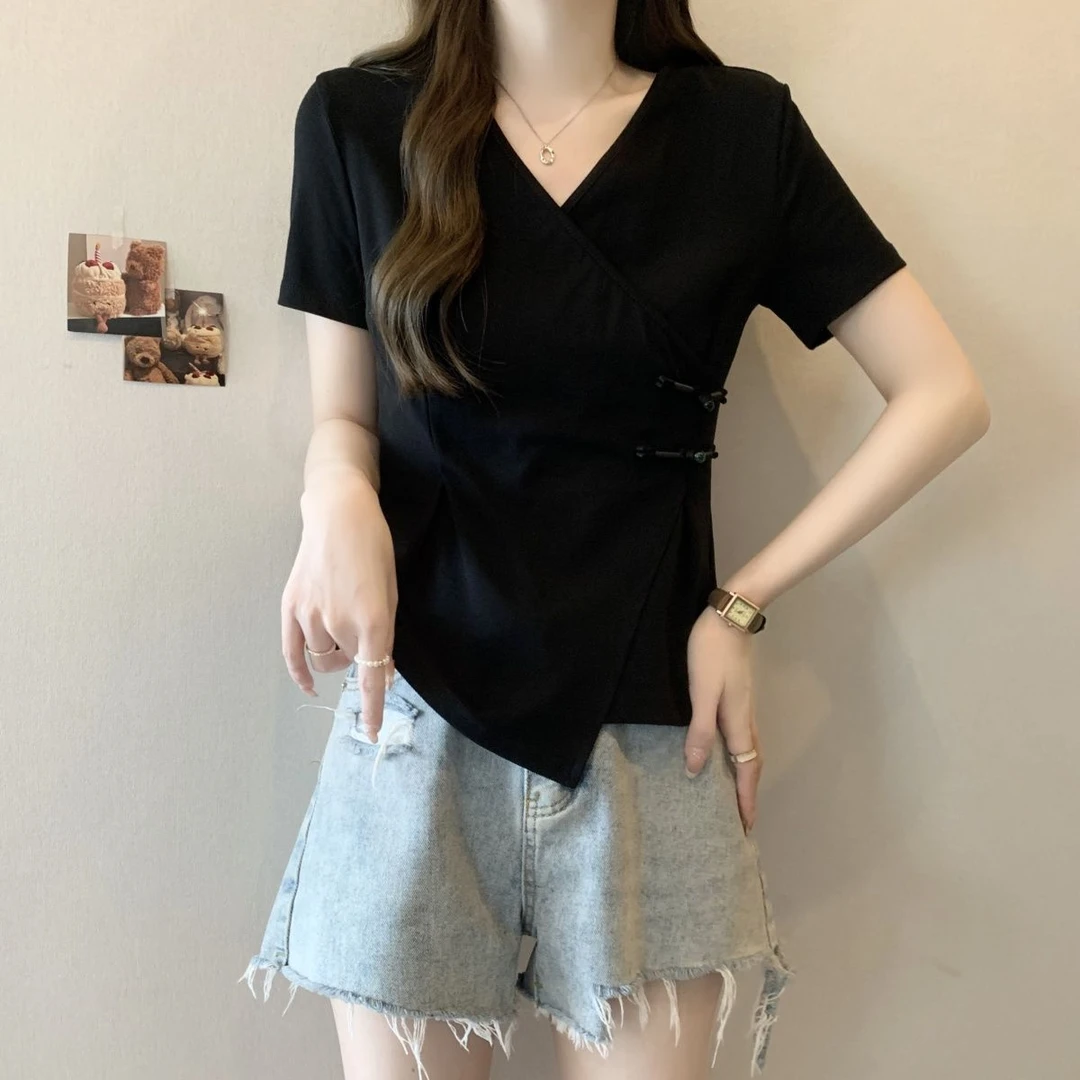 大码中式不规则盘扣短袖t恤女夏季2025新款胖mm修身显瘦遮肉上衣