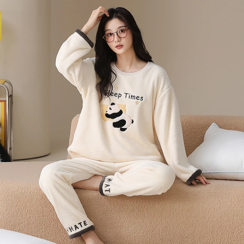 熊猫珊瑚绒睡衣女秋冬季加厚2025年新款法兰绒加绒保暖家居服套装