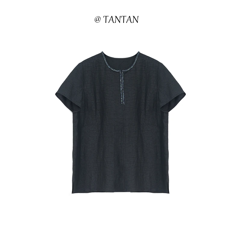 TANTAN  100真丝香云纱时尚领口T恤923