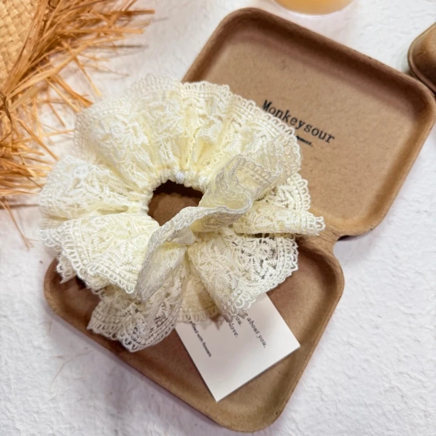 刺绣复古米白色蕾丝双层发圈女韩系气质百搭头绳发饰