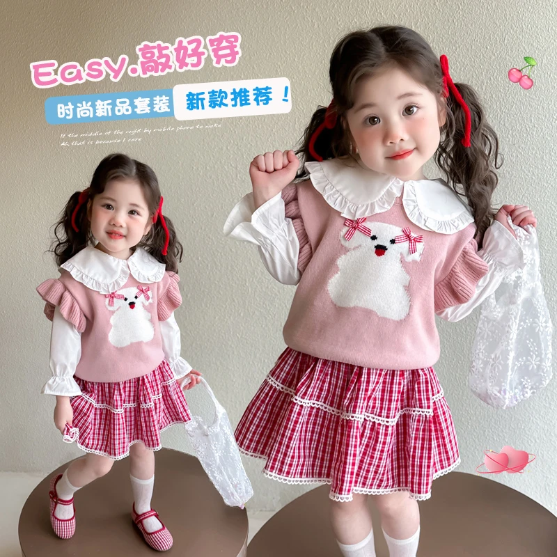 女童毛衣马甲套装新款2025春秋女宝宝卡通毛线衫衬衫裙子三件套潮