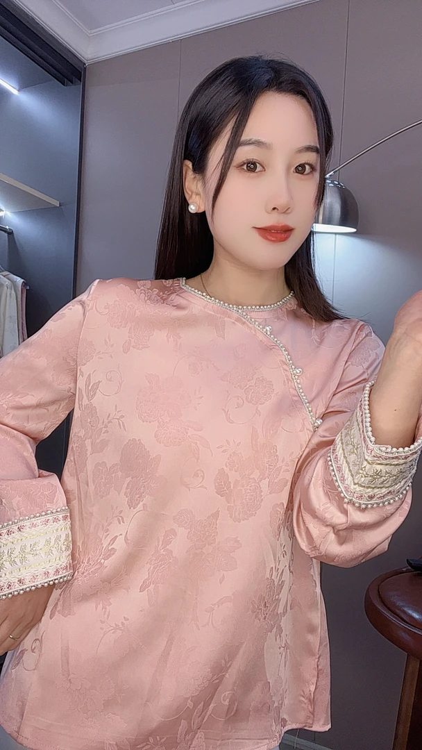 【仙贵】新中式女士国风大提花珍珠边时尚气质春款小衫上衣复古