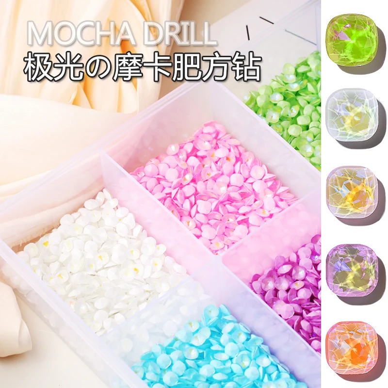 网红美甲极光幻彩摩卡钻日系指甲钻饰偏光尖底肥方钻新款装饰品钻
