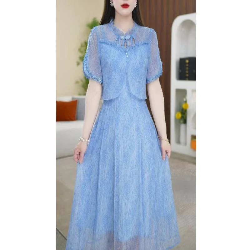 【连衣裙】夏季新款圆纯色高轻薄透气镂空收腰中长款连衣裙M-4XL