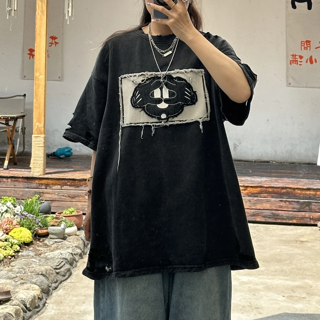 【小惜亦】破洞宽松女t恤慵懒2025新款夏显瘦遮肉纯棉半袖落肩袖