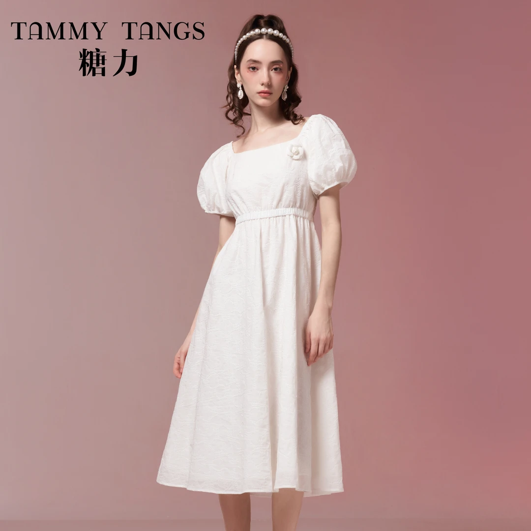 糖力小白裙短袖方领中长款连衣裙