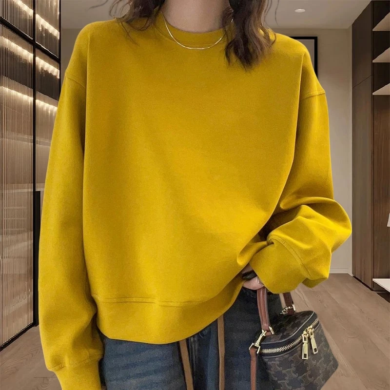 姜黄色圆领今年流行卫衣女春秋新款时尚洋气韩版慵懒女士宽松上衣