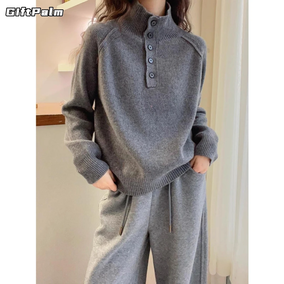 GiftPalm纽扣设计高领软蜡浣熊绒针织女式秋季高底工作服途底衬衫