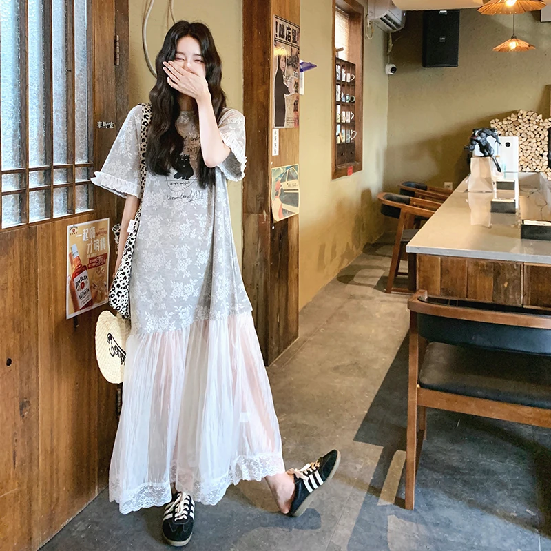 韩系网纱拼接假两件短袖T恤连衣裙女夏季新款设计感宽松绝美长裙