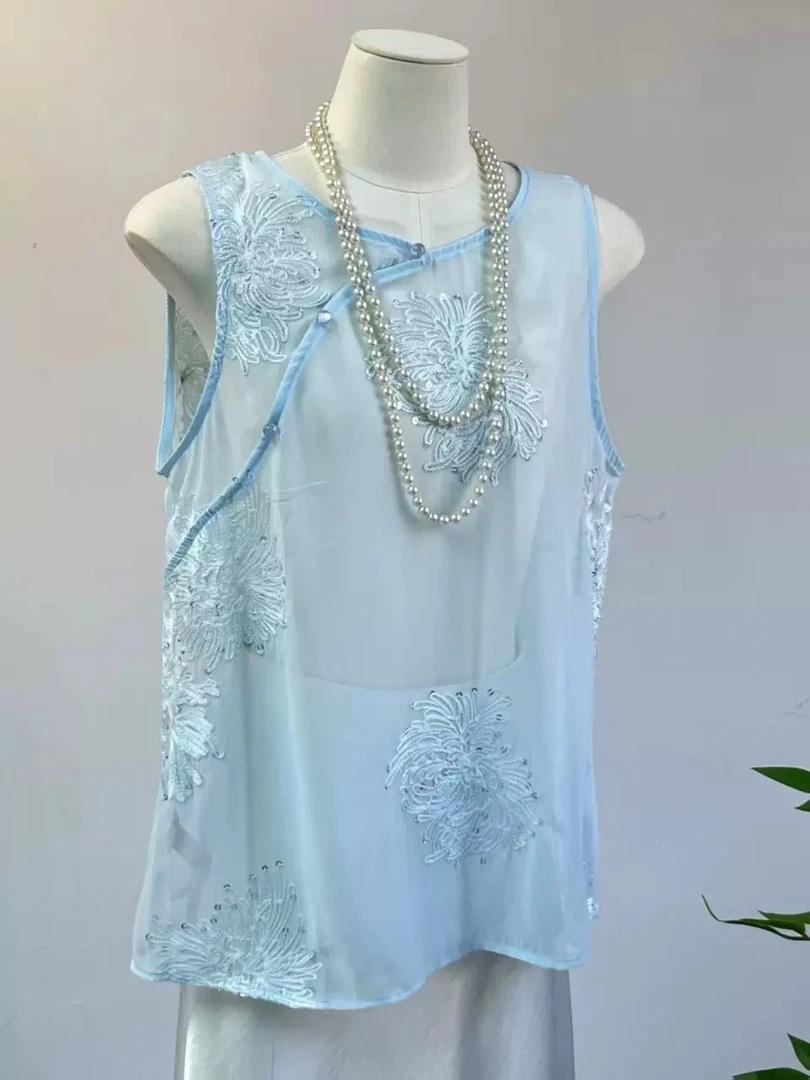 中式国风盘扣刺绣无袖女款马甲2025夏季新款坎肩背心上衣女