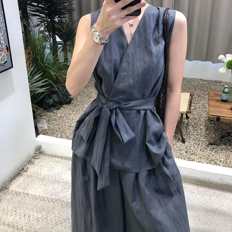 韩系高级感气质V领气质无袖收腰上衣2025韩系简韩系收腰阔腿套装