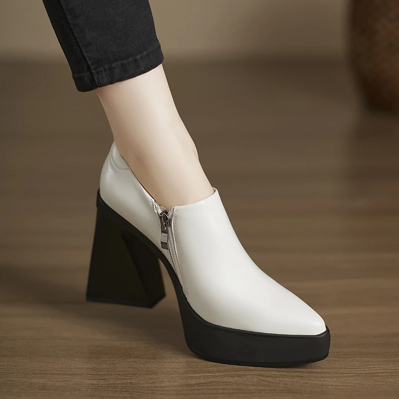 修悦手工女鞋10cm防水台高跟女新款2025春季粗跟头层牛皮白色单鞋