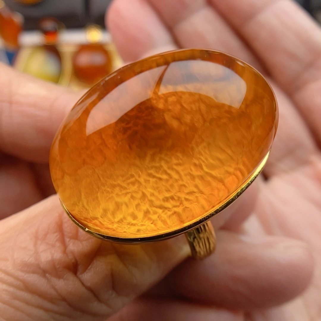 琥珀戒指银S925镀金镶嵌