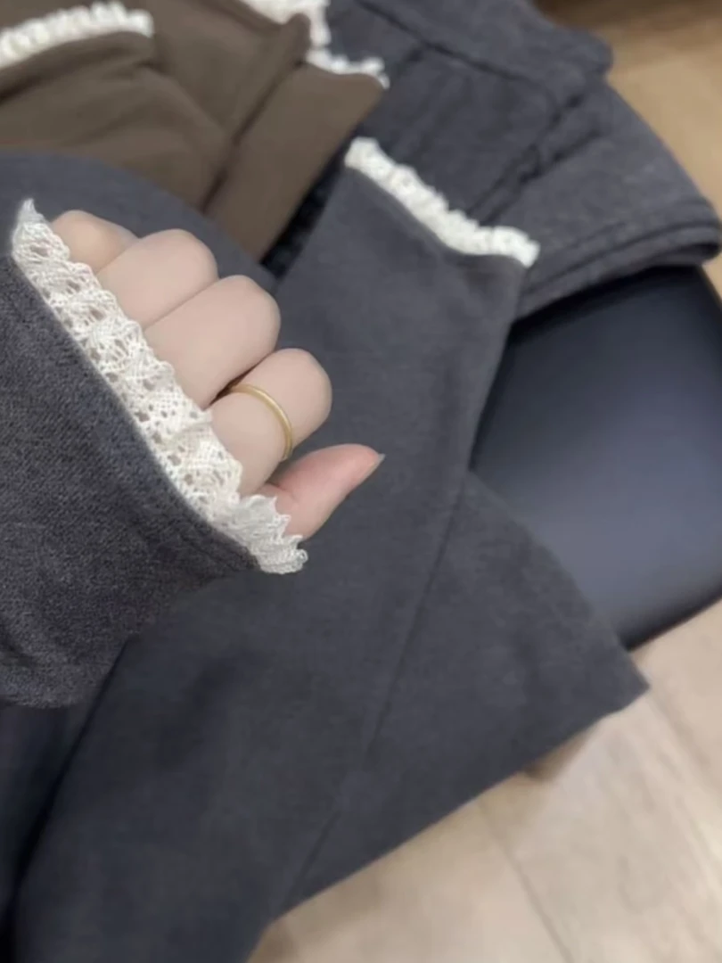 2025时尚德绒秋冬新款花边蕾丝领打底衫高级感拼接上衣长袖T恤女