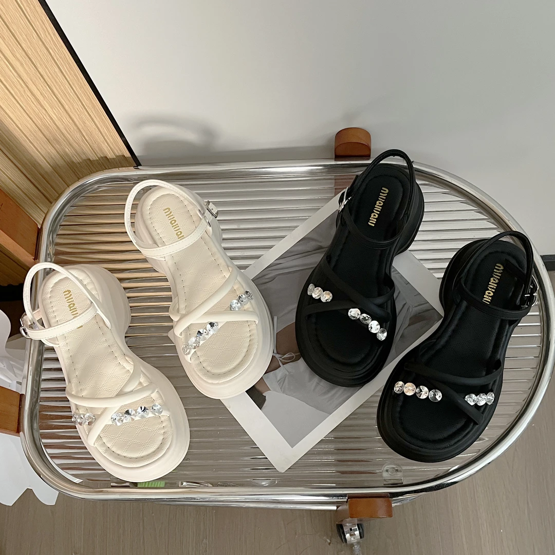 水钻厚底增高罗马凉鞋时尚外穿防滑仙女风百搭夏季休闲一字带