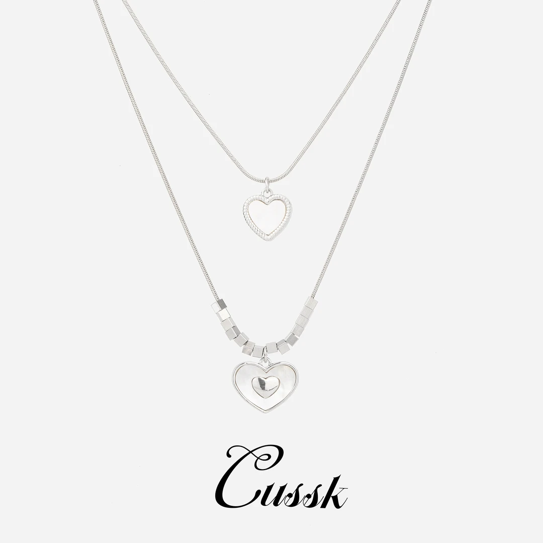 CUSSK法式爱心项链爱心方块锁骨链时尚双层长款毛衣链