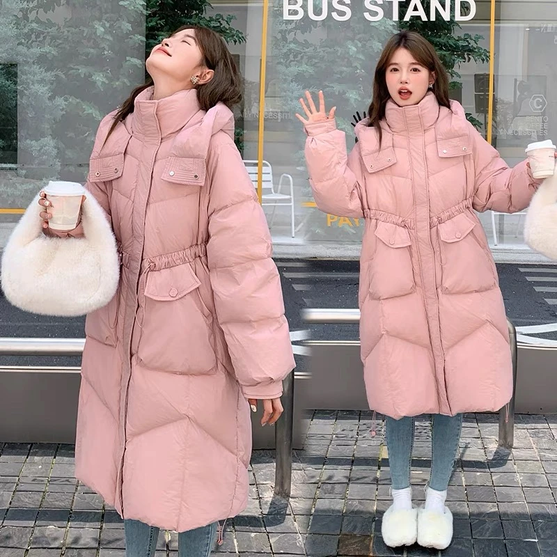 2024新款白鸭绒羽绒服加厚女收腰长款显瘦宽松时尚休闲韩版中长款