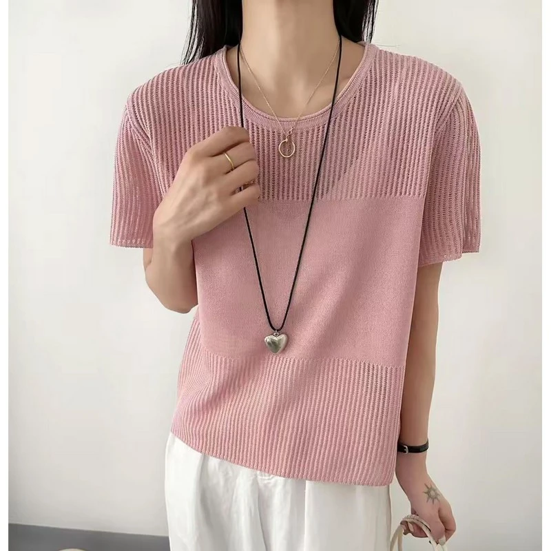 夏季新品！卷边圆领套头纯色竖坑条镂空短袖针织衫 NQ-012