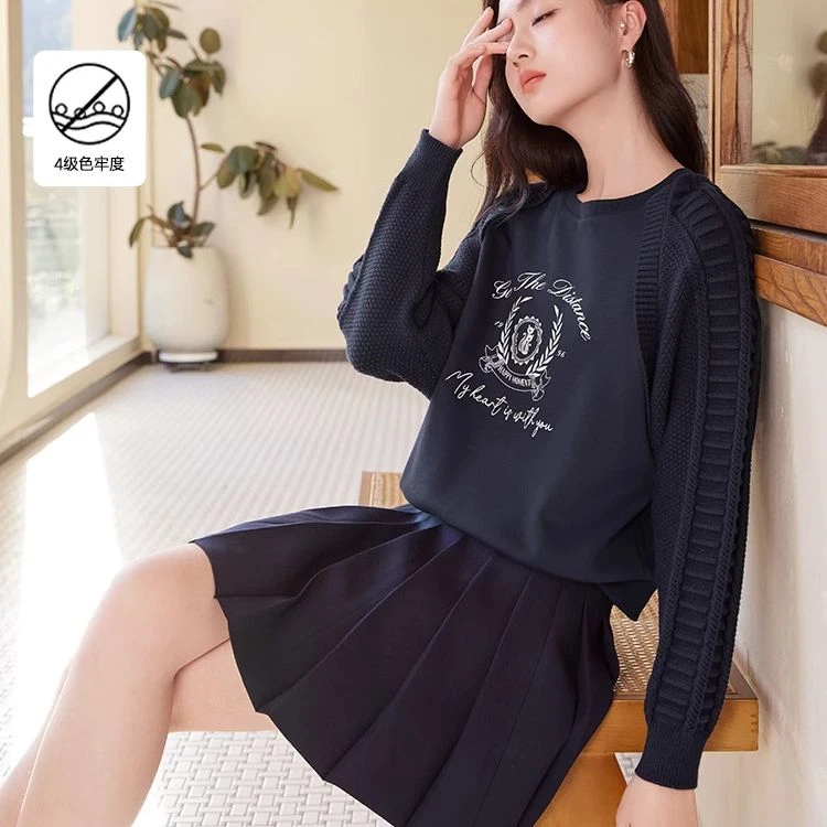 【小北专属】X841177卫衣 香影藏青色圆领卫衣女春秋季新款无帽