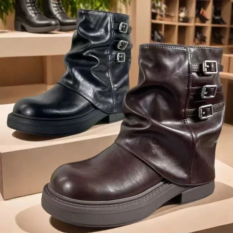 9225漫画腿欧美褶皱皮扣轻奢真皮骑士靴