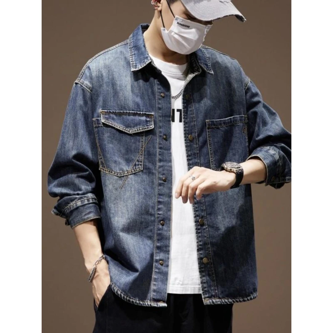 春秋新款美式复古原色牛仔外套男潮牌高级感拼接工装衬衣翻领夹克