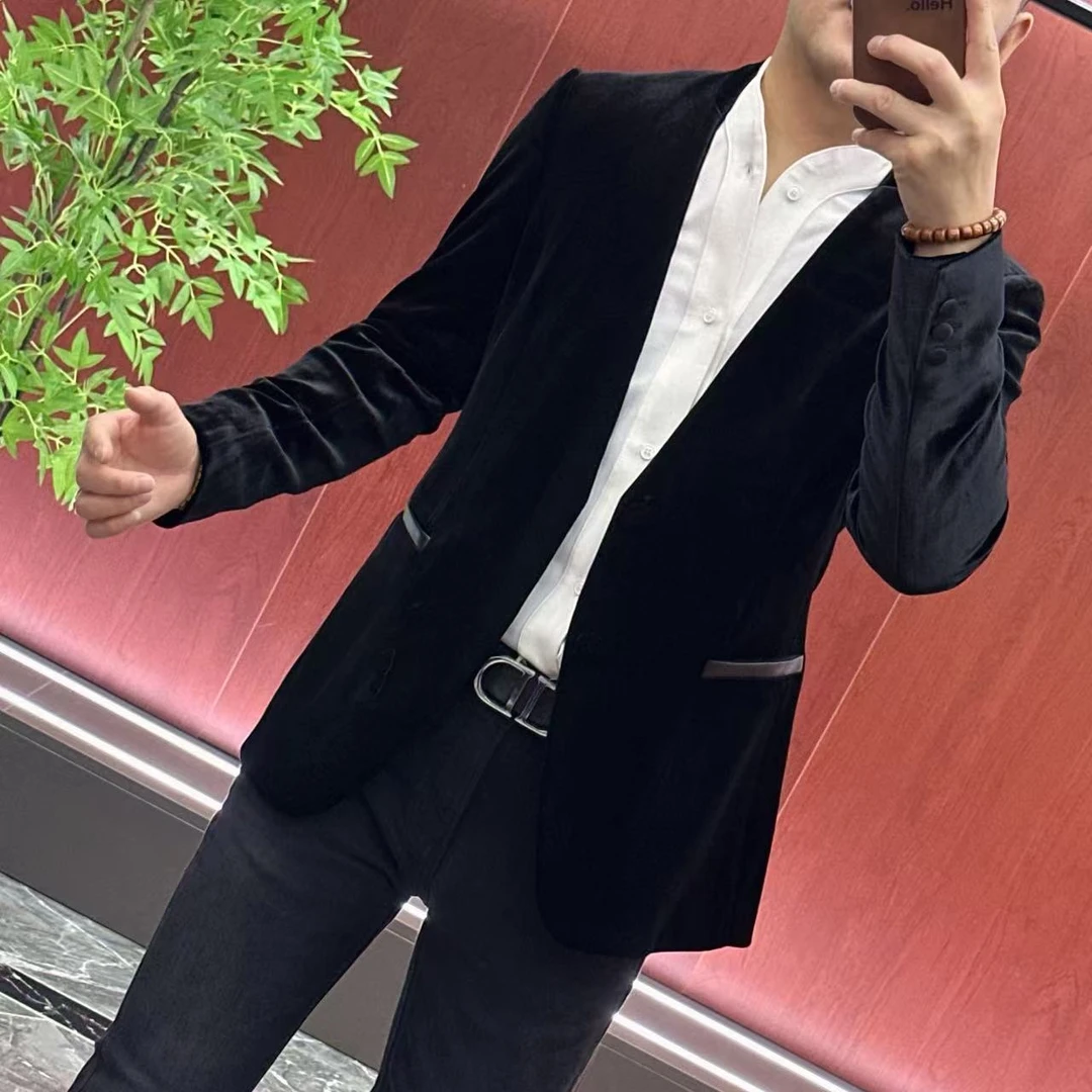 90829【醋酸丝绒无领西服】男士简约醋酸混纺丝绒休闲西服外套•酷