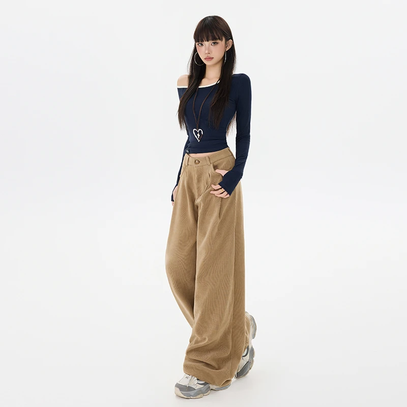 2025秋装新款学院风直筒裤灯芯绒阔腿裤女高腰垂感通勤百搭休闲裤
