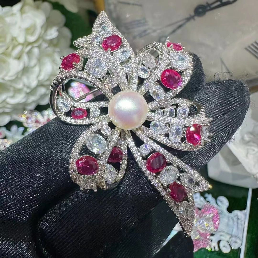 铜合金胸针 密镶 粉蝴蝶结 轻奢时尚蝴蝶重工胸针