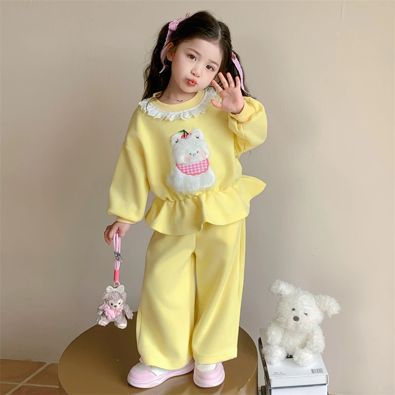 女童卡通套装春秋款2025新款女宝宝花边卫衣秋装小女孩运动两件套