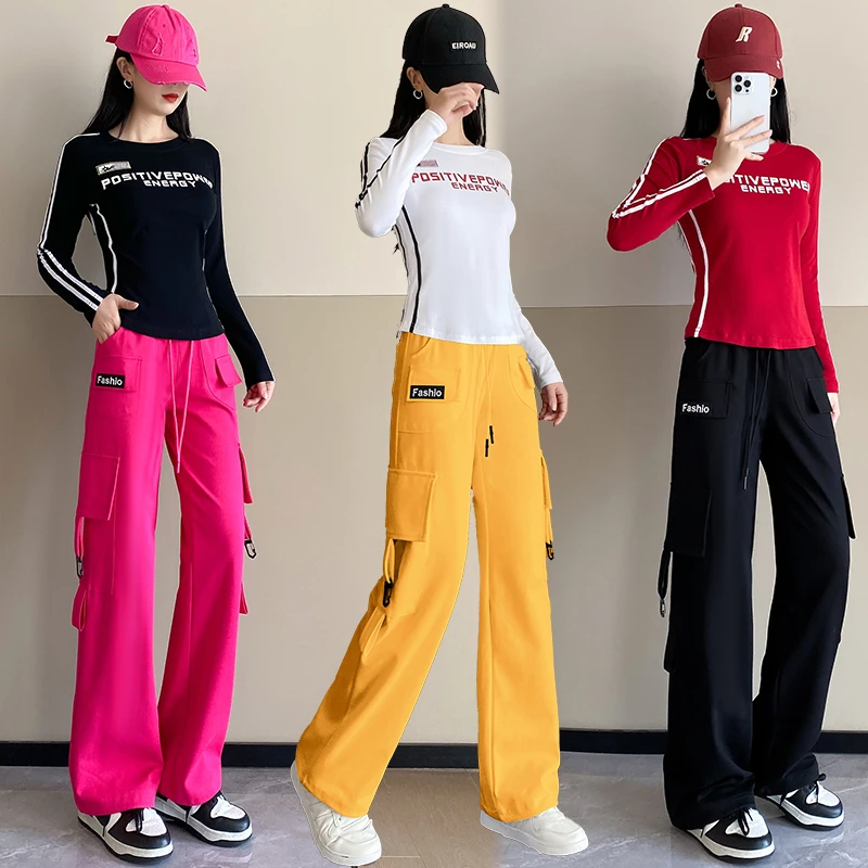 2025广场舞口袋工装裤女跳操健身休闲运动曳步舞裤子时尚显瘦飘带