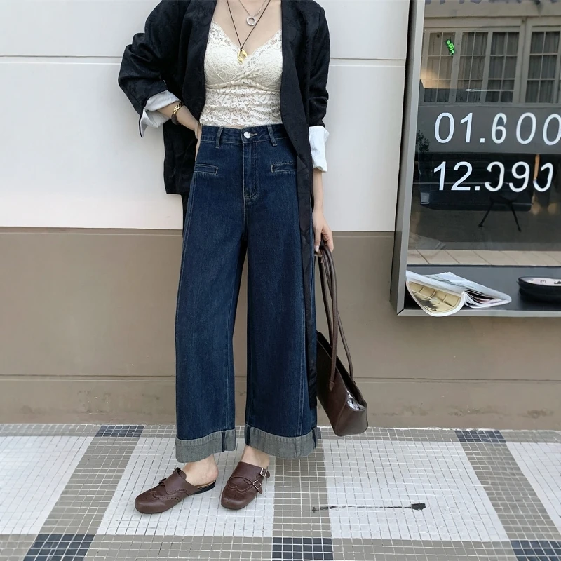 2025秋季新款深蓝色阔腿牛仔裤女弹力显瘦高腰宽松小个子直筒裤子