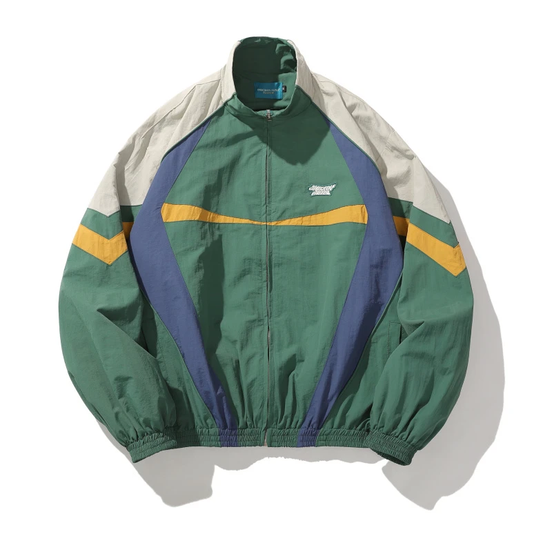 欧美宽松运动街头中性情侣风刺绣拼色裁剪立领风衣外套户外冲锋衣