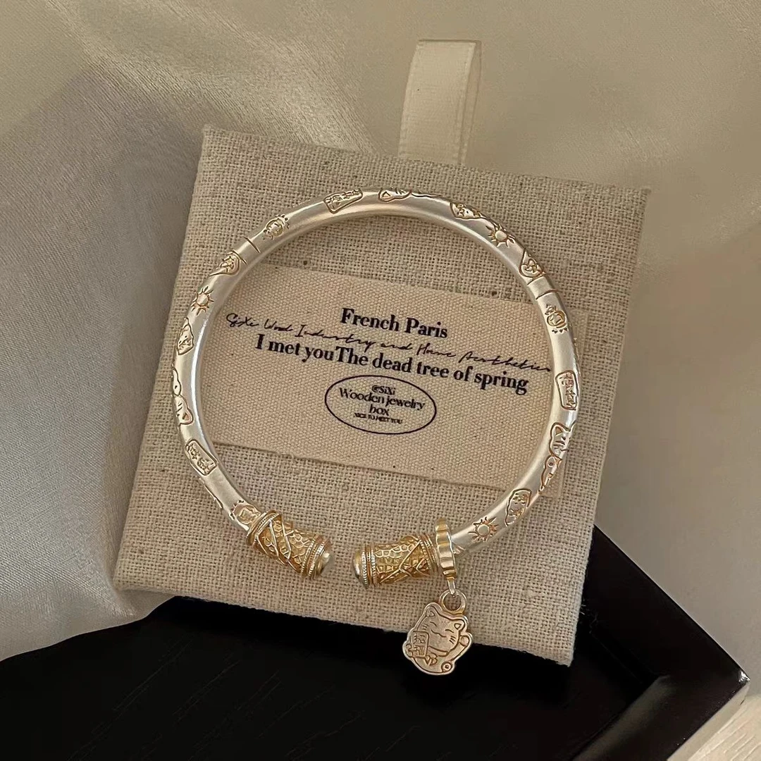 足银手镯 26号链接 【开口手镯】足银999.9描金圆棍吉言招财猫手镯