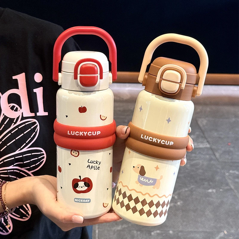 保温杯女生高颜值2025新款双饮带吸管水杯可爱便携儿童拎拎水壶
