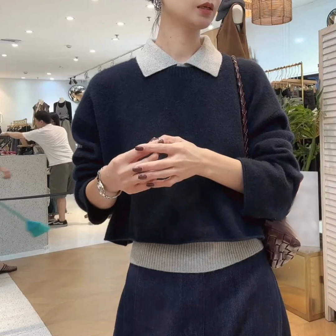 秋冬慵懒感撞色减龄POLO领2025短款长袖背心两件套毛衣LK2506915