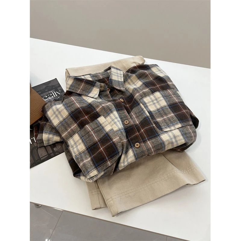 超美~美拉配色磨毛格子衬衫女秋冬宽松慵懒氛围感休闲衬衣外套女