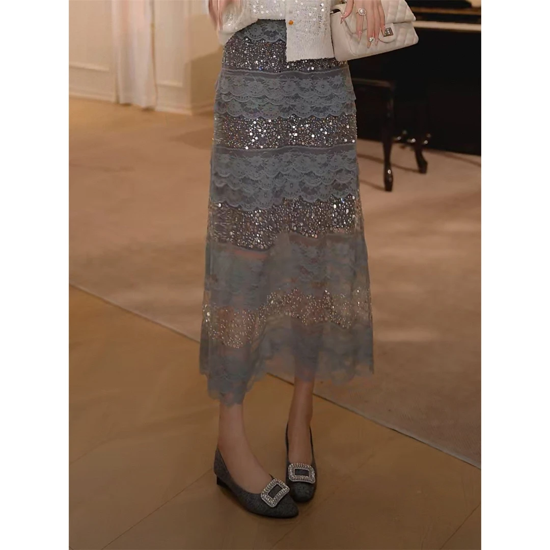 法式优雅轻奢钉珠亮片蕾丝拼接气质半身裙女垂感显瘦中长款a字裙
