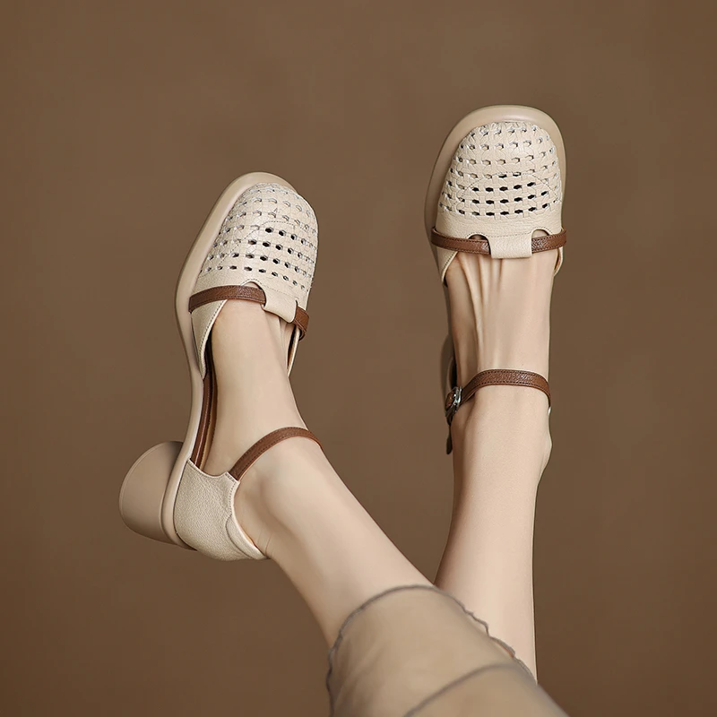 菓苒4.5cm粗跟中跟小众设计感拼色透气一字扣玛丽珍鞋浅口单鞋女