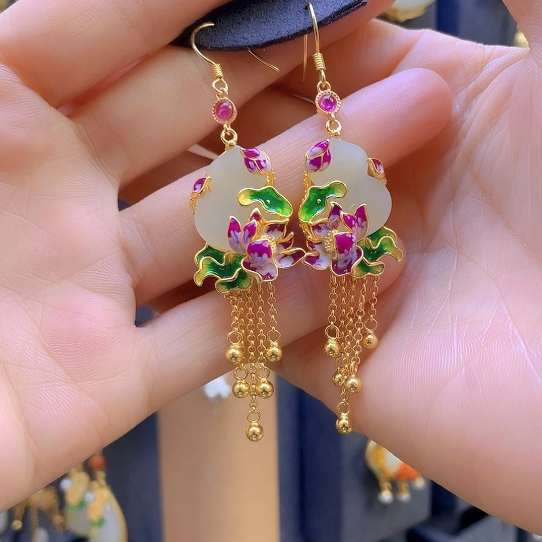 和田玉耳饰银S925镀金镶嵌