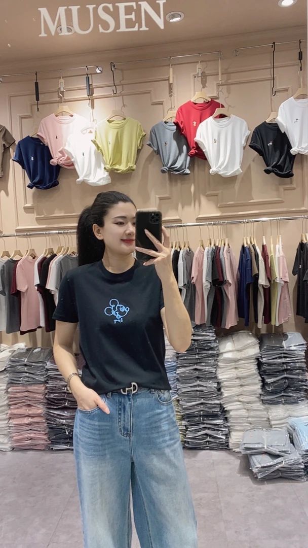 （燕子家）夏季简约时尚百搭线条刺绣蓝粉米奇头T恤