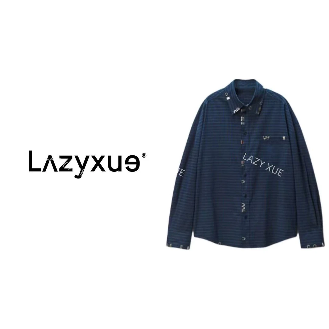 LAZYXUE薛懒懒/"W"格纹尖领铆钉个性小众宽松长袖衬衫 1354