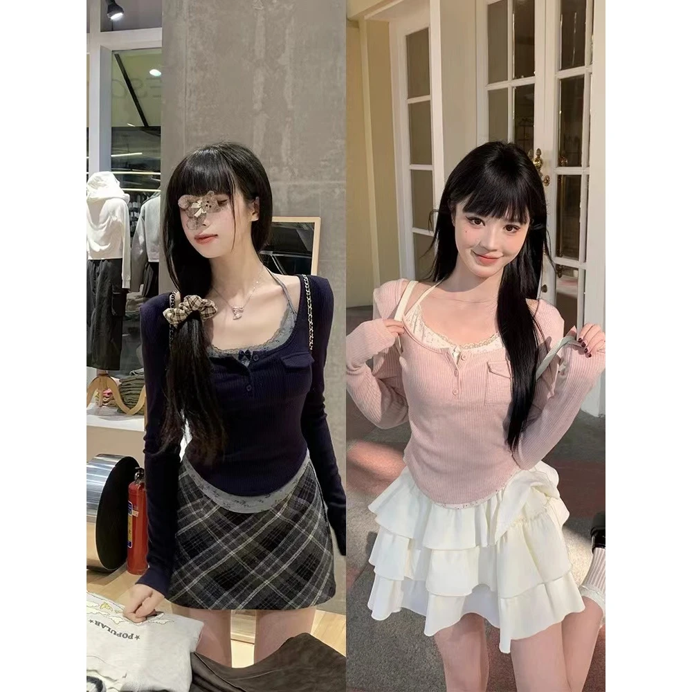 【小屁】2025春季新款奶糖甜妹 设计感针织T恤假两件上衣纯欲风长袖