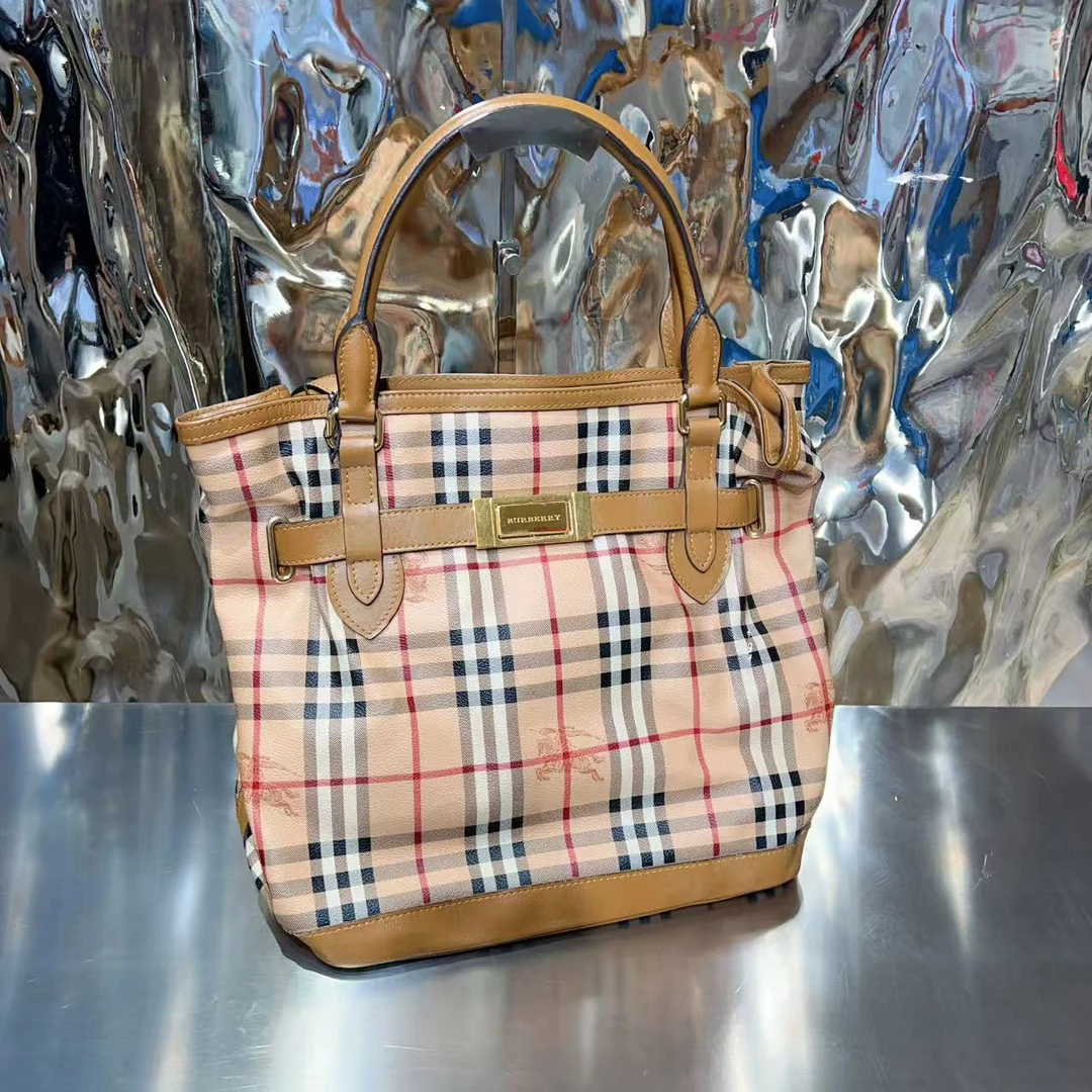 95新 BURBERRY/博柏利 Burberry 橘色 格纹 帆布 单肩包 /0000