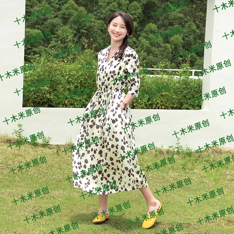 女主角/十木米原创夏新款百分百苎麻豹纹印花优雅气质双层连衣裙